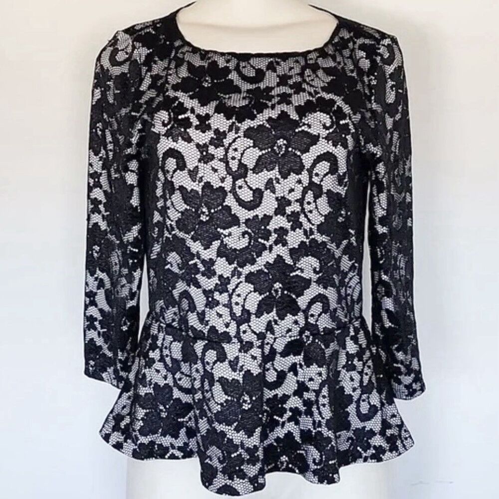 Ivanka Trump Black Lace Peplum Top Size M White Lined Cute Fitted Blouse Stretch